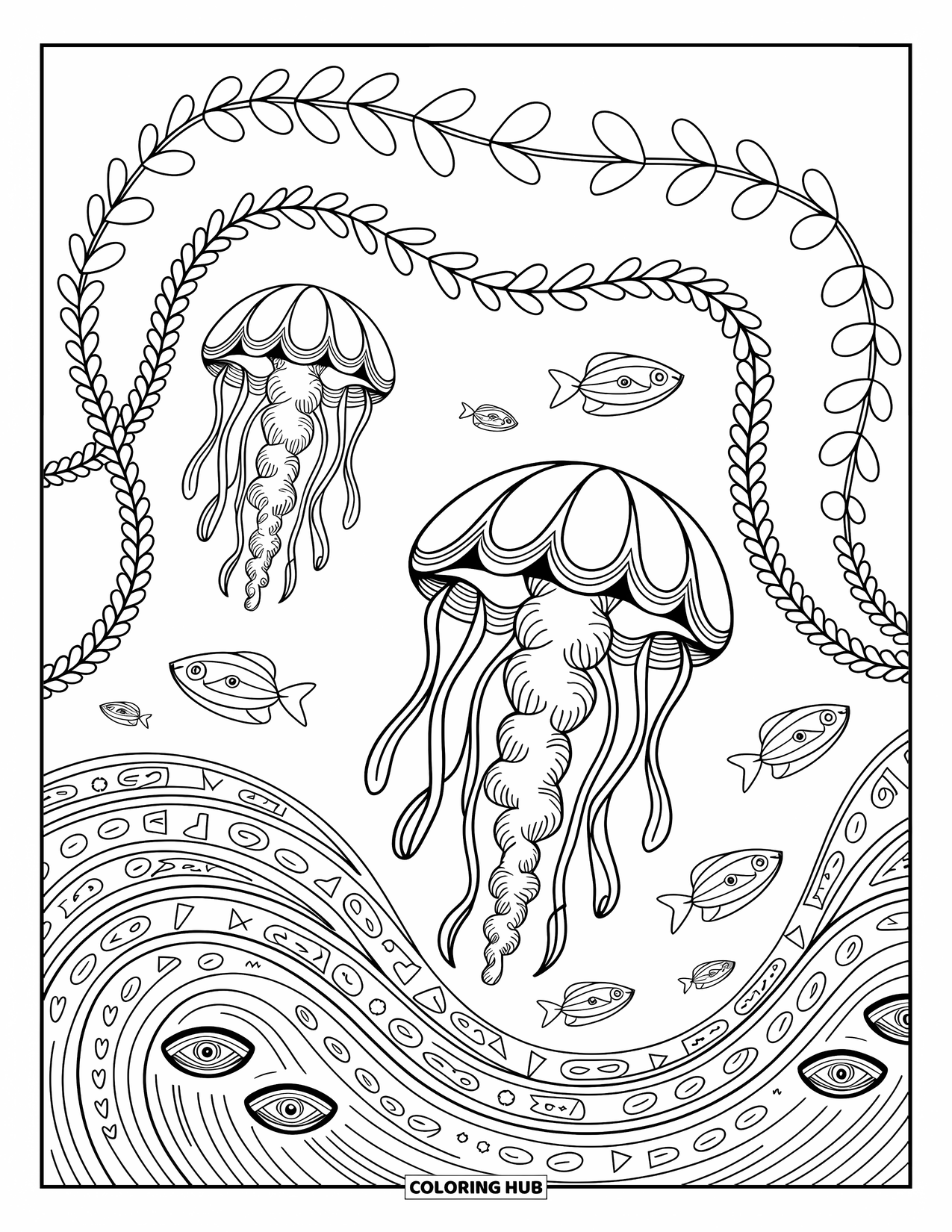 Trippy Coloring Page for Adults: Swirling jellyfish, endless loops, and fish swim through dreamy whirlpools