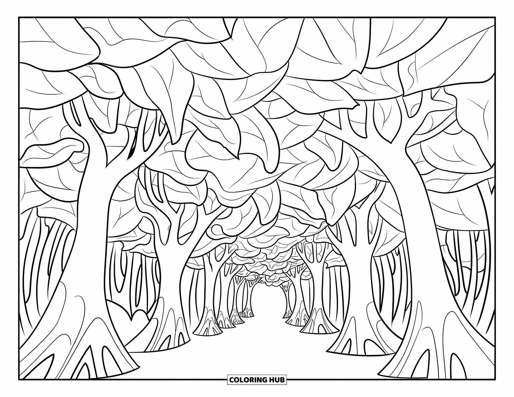 Trippy Coloring Page for Adults: Tree arches lead into endless forest realms with spiraling, shifting leaf patterns