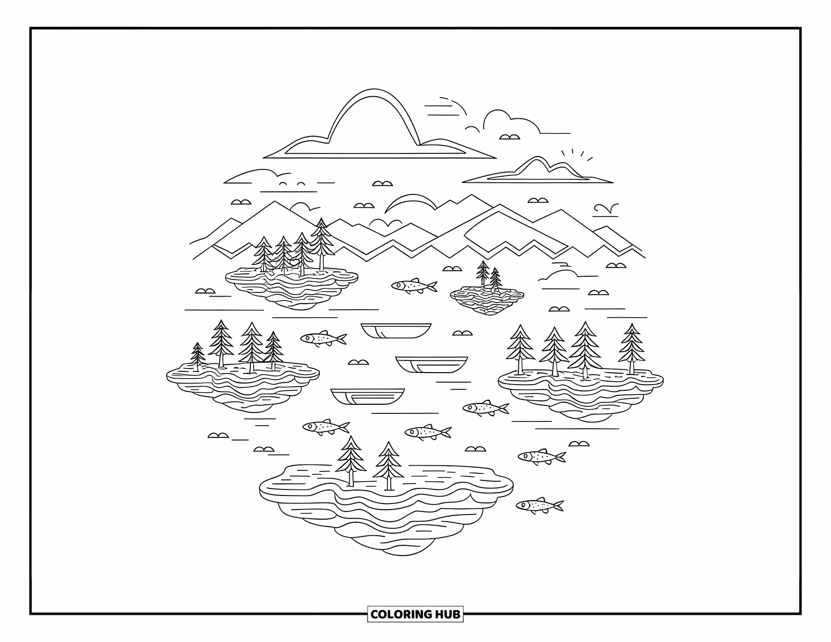 Trippy Coloring Page for Adults: Tree islands, boats, and sky layers create a surreal, floating lake scene