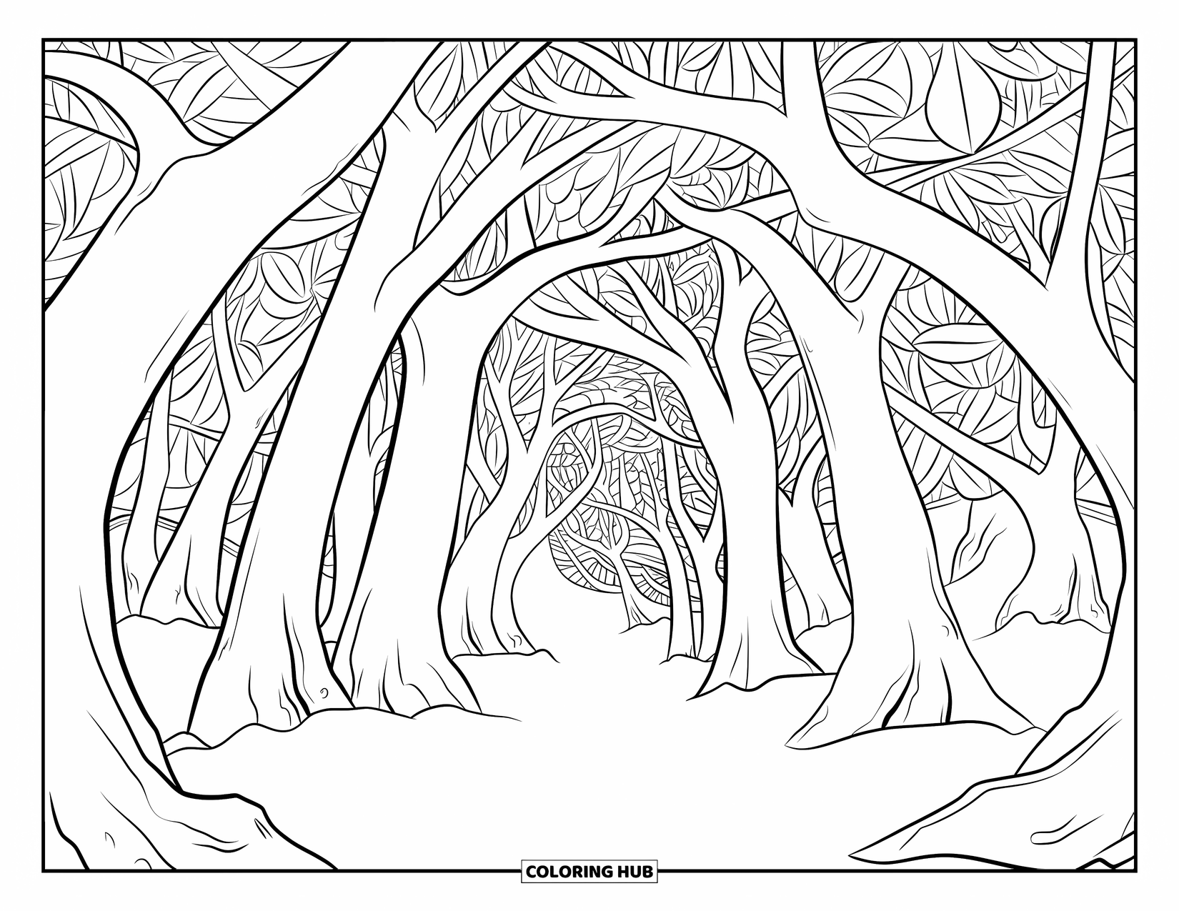Trippy Coloring Page for Adults: Tree trunks form spiraled gateways that open into dreamy, endless forest dimensions