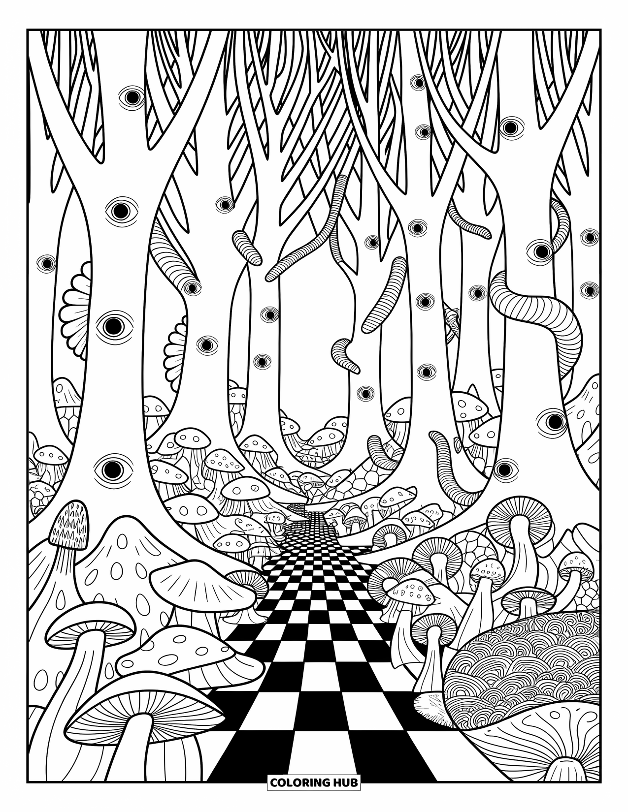 Trippy Coloring Page for Adults: Trees with eyes, swirling branches, and mushroom-filled forest floors come alive