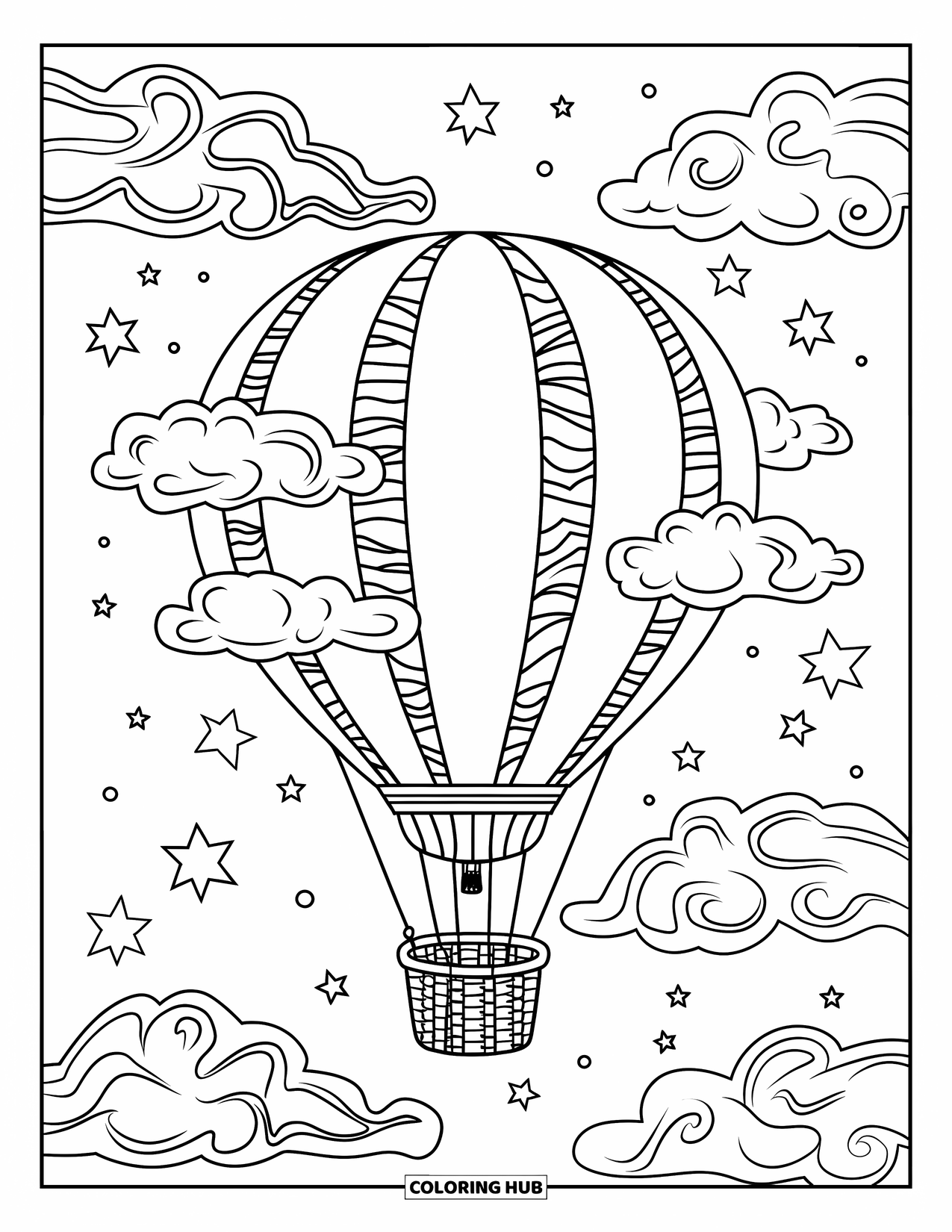 Trippy Coloring Page for Kids: A balloon with tiger stripes drifts through fluffy clouds and scattered stars