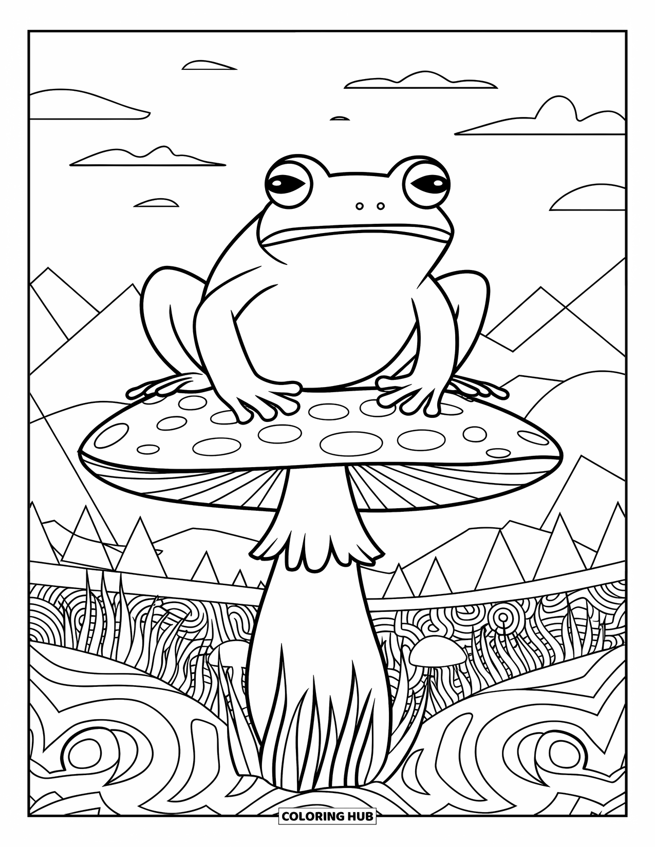 Trippy Coloring Page for Kids: A big frog relaxes on a giant mushroom in a grassy, swirly forest