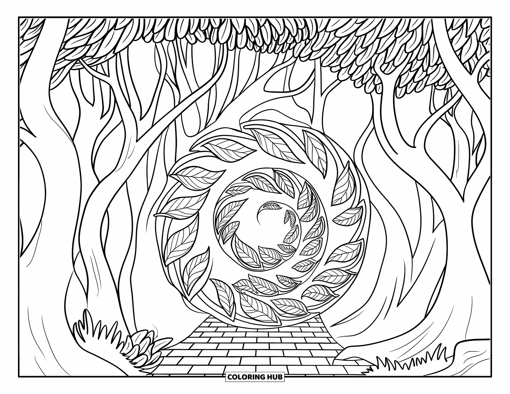 Trippy Coloring Page for Kids: A brick path winds into a swirl of stars and leaves among twisting trees