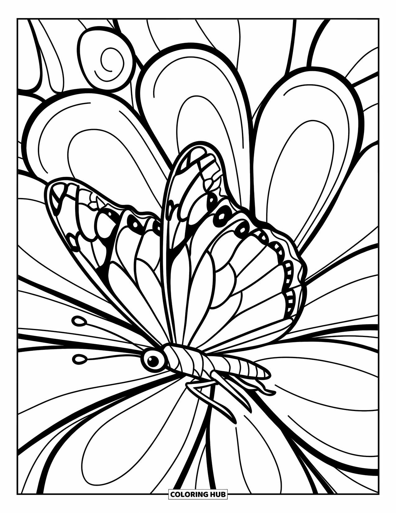 Trippy Coloring Page for Kids: A butterfly glides above big, loopy flower petals in a trippy garden