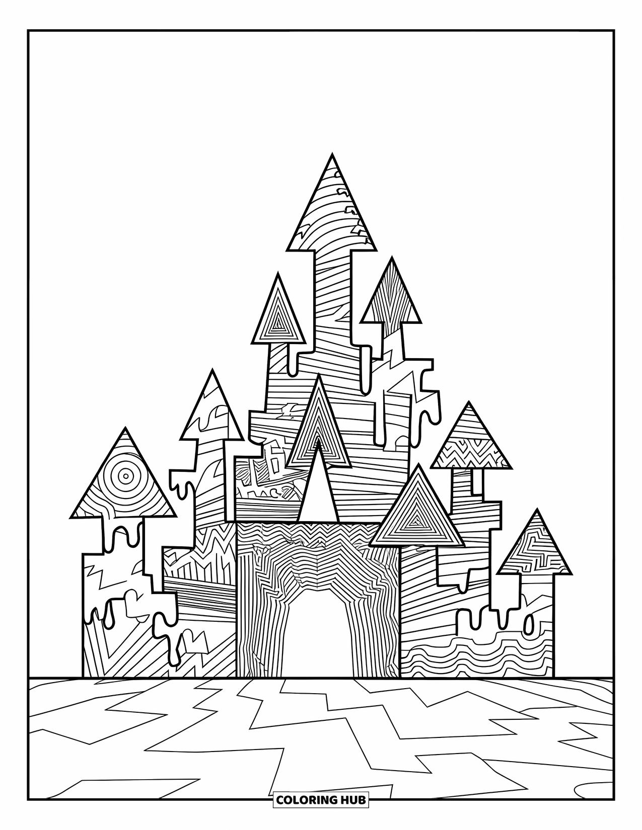 Trippy Coloring Page for Kids: A castle of spirals and zigzags rises with melting towers