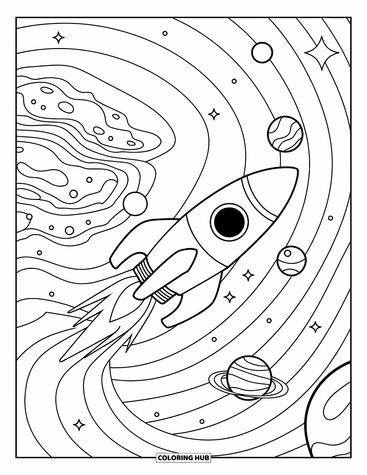Trippy Coloring Page for Kids: A cheerful rocket leaves sparkles behind as it flies through floating planets