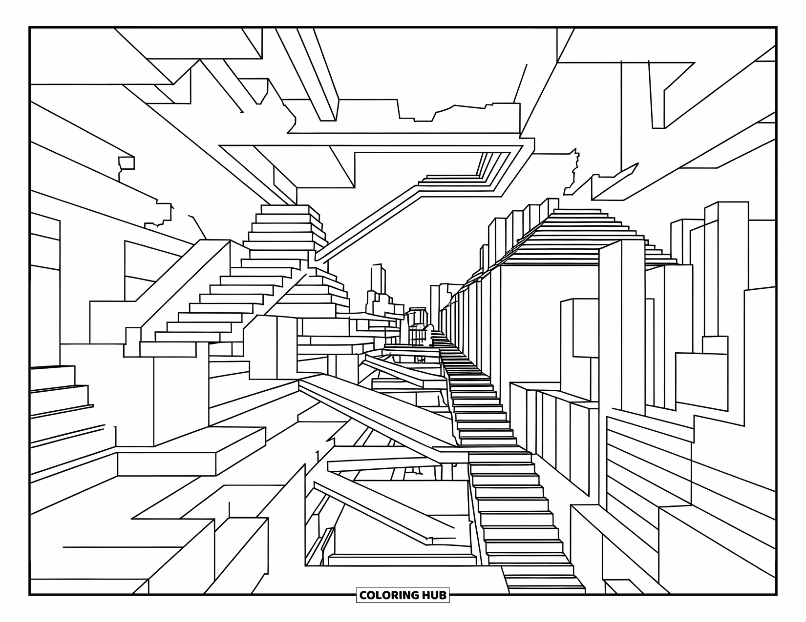 Trippy Coloring Page for Kids: A city of floating stairs and rooftops twists into a surreal skyline