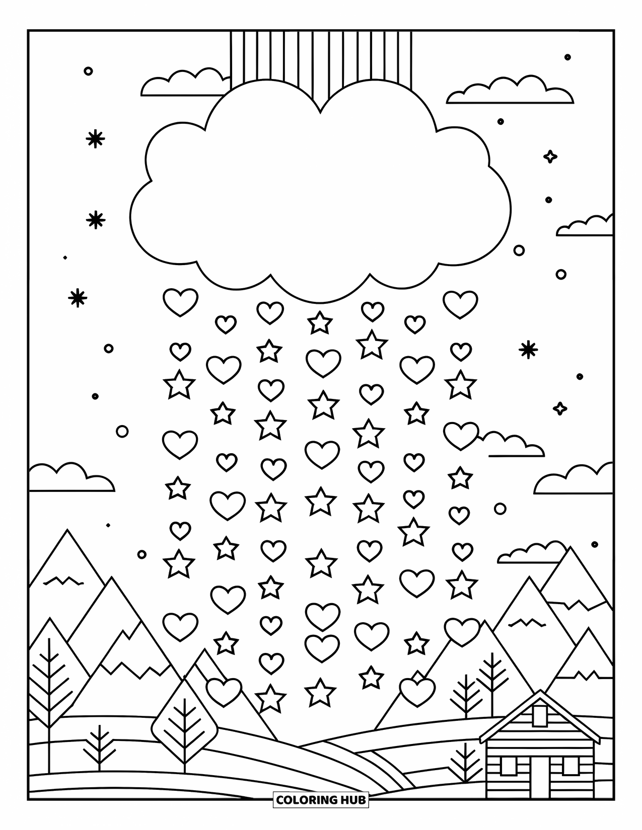 Trippy Coloring Page for Kids: A cloud rains hearts and stars over a peaceful rainbow landscape with a house