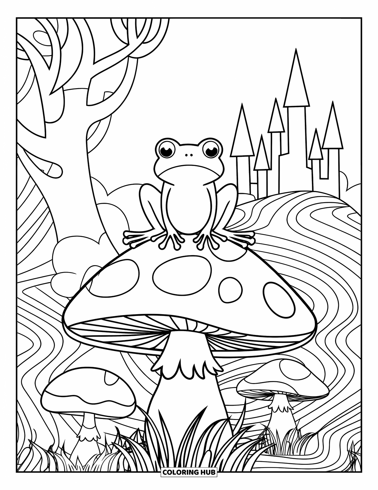 Trippy Coloring Page for Kids: A curious frog sits on a giant mushroom near a castle in a fairy tale forest