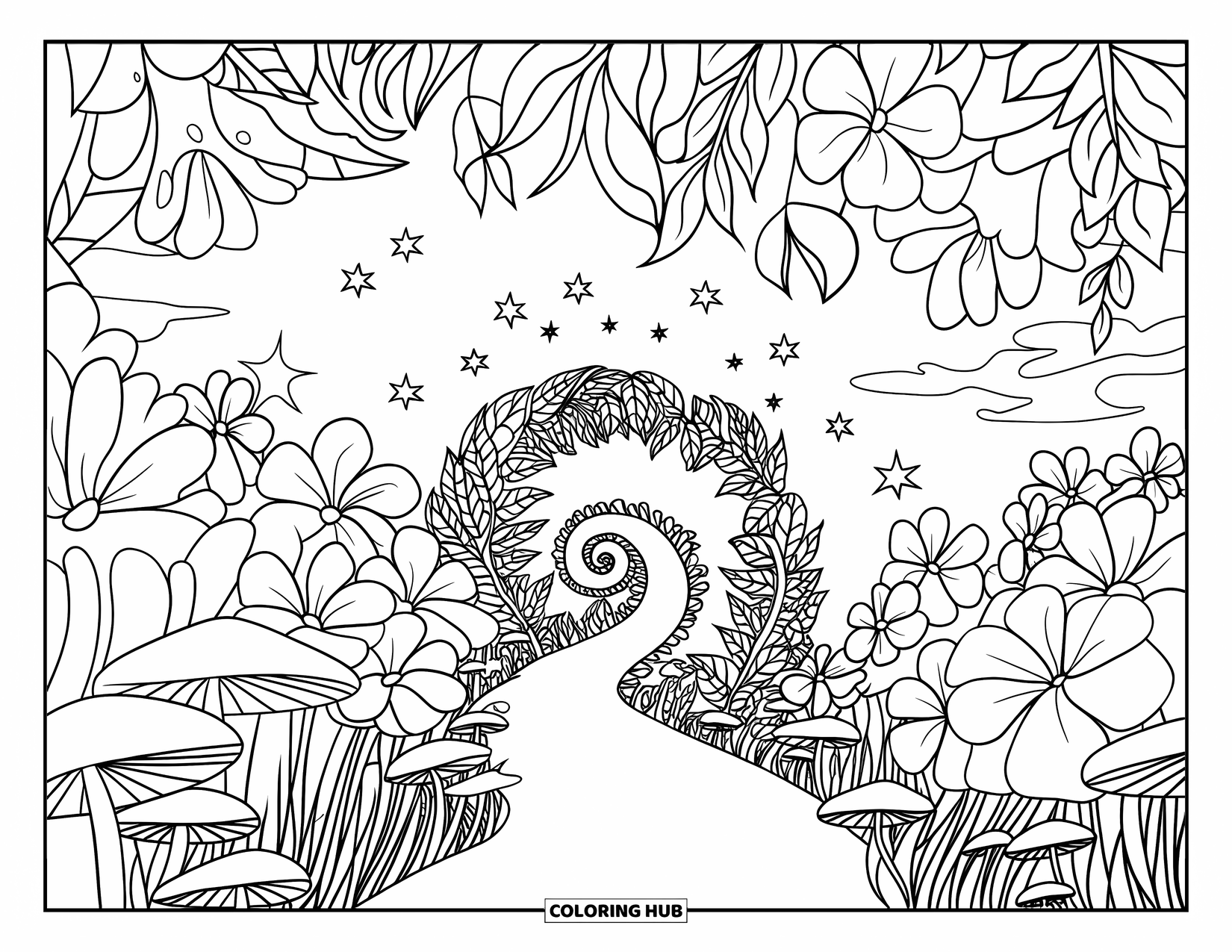 Trippy Coloring Page for Kids: A dreamy forest path swirls into a psychedelic spiral of stars and leaves
