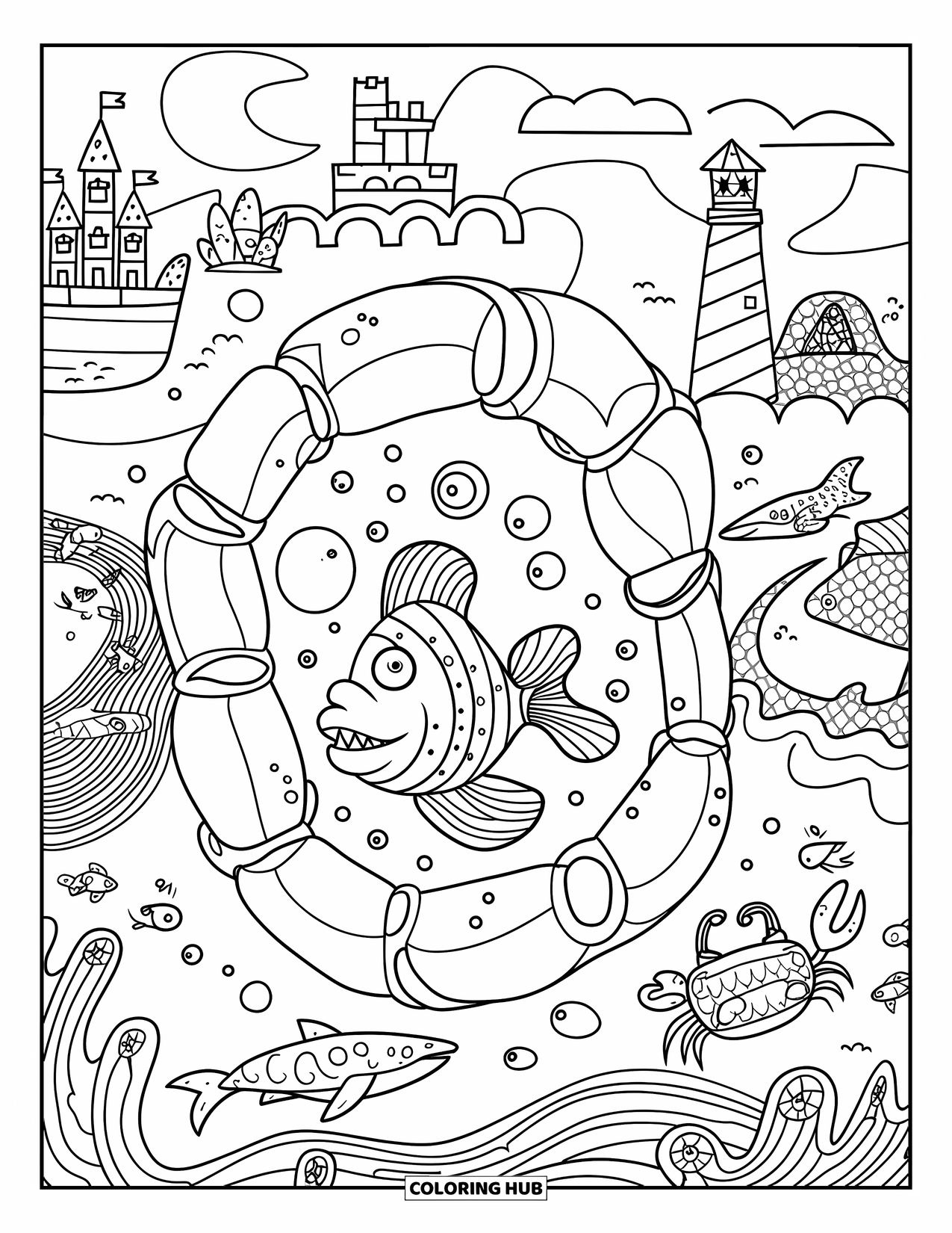 Trippy Coloring Page for Kids: A fish swims through bubbles near a castle, ship, and lighthouse