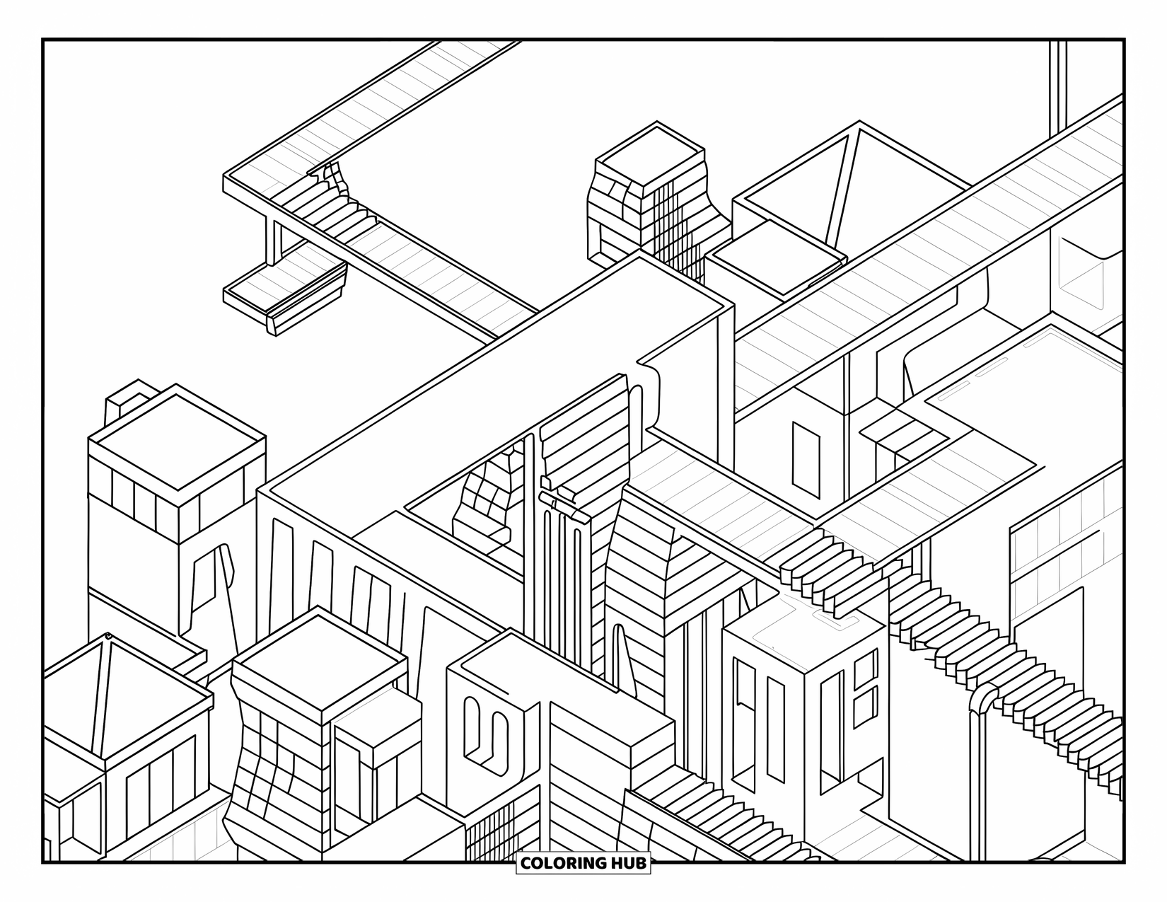 Trippy Coloring Page for Kids: A floating city of strange rooftops and stairs bends in every direction