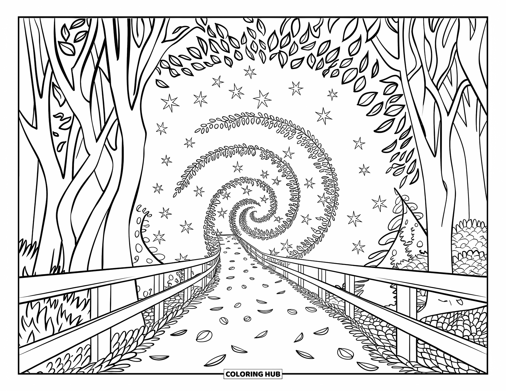 Trippy Coloring Page for Kids: A forest path spirals into stars and leaves in a dreamy landscape