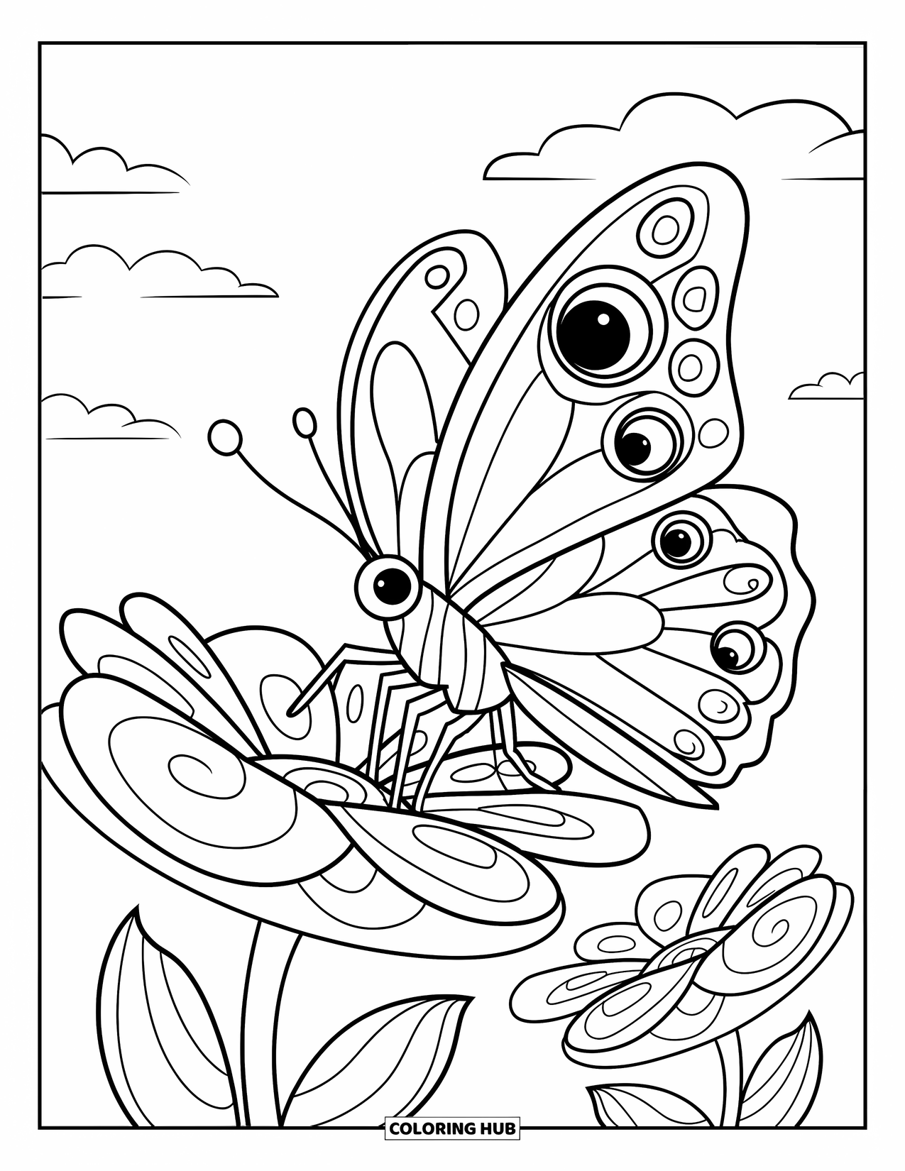 Trippy Coloring Page for Kids: A giant butterfly with many eyes flies over spiraled petals and fluffy clouds
