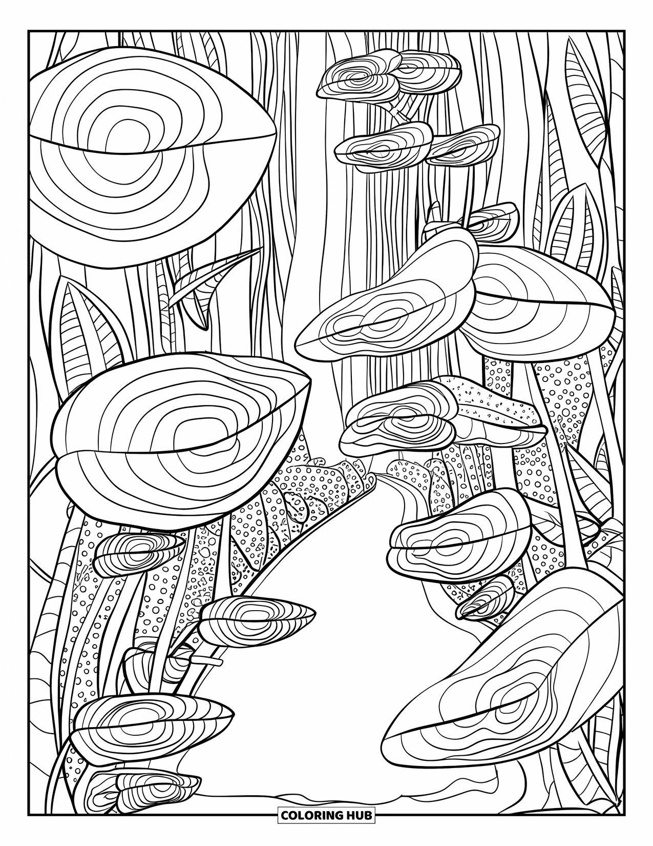 Trippy Coloring Page for Kids: A jungle path winds through leaves and vines with wild patterns