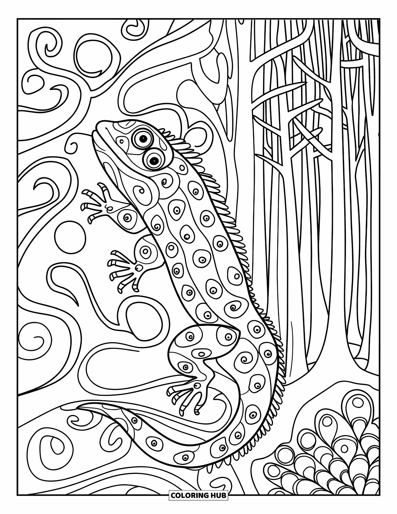 Trippy Coloring Page for Kids: A lizard with many eyes crawls up swirling vines in the forest