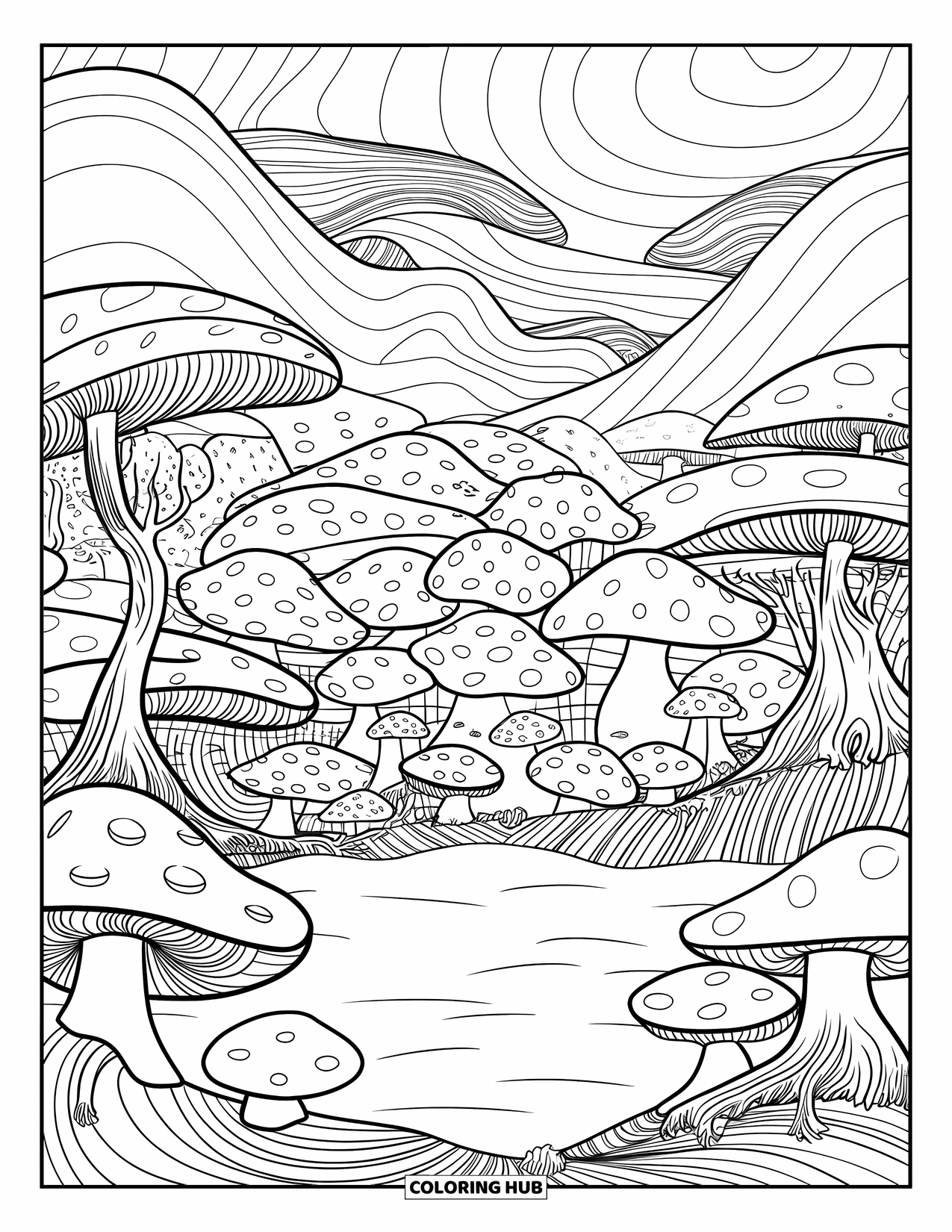 Trippy Coloring Page for Kids: A mushroom village sits near a lake with twisty mountain patterns