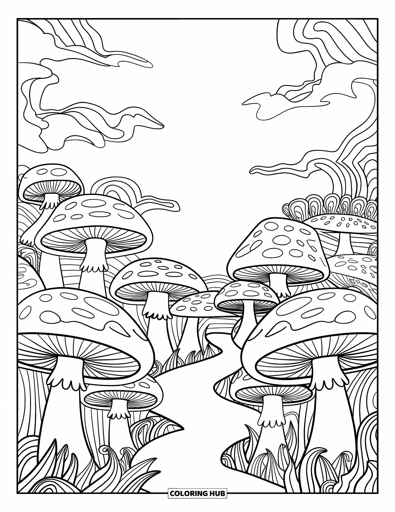 Trippy Coloring Page for Kids: A mushroom village sits on swirl-covered hills with a dreamy sky