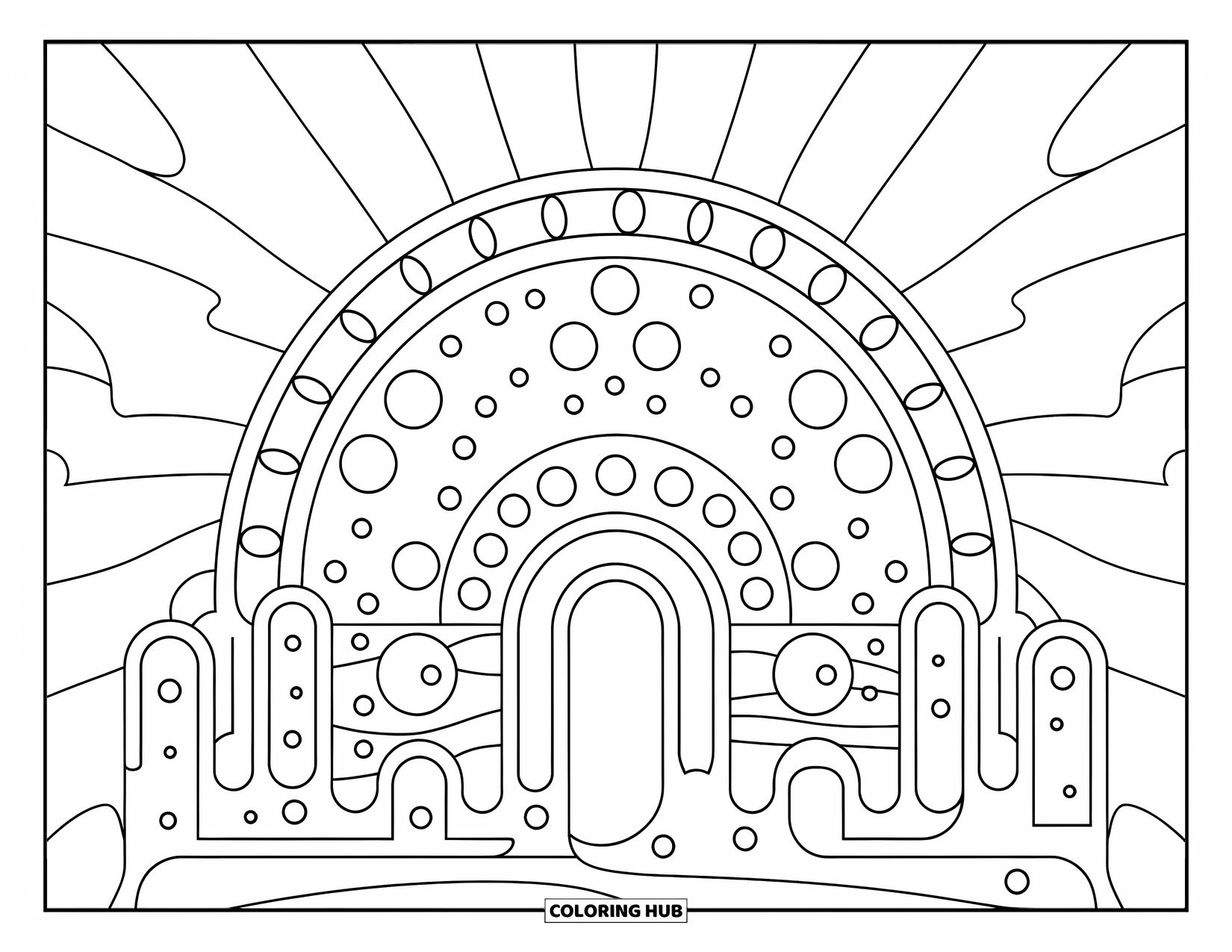 Trippy Coloring Page for Kids: A rainbow bridge of waves and dots stretches across the sky