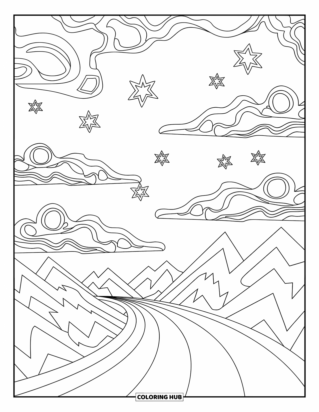 Trippy Coloring Page for Kids: A road spirals up mountains beneath looping stars and dreamy clouds