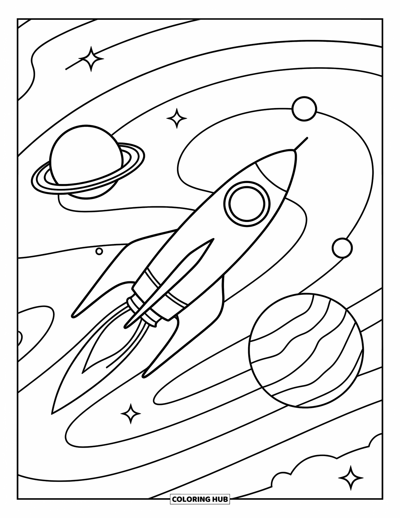 Trippy Coloring Page for Kids: A rocket zooms past spirals and planets in a playful space scene