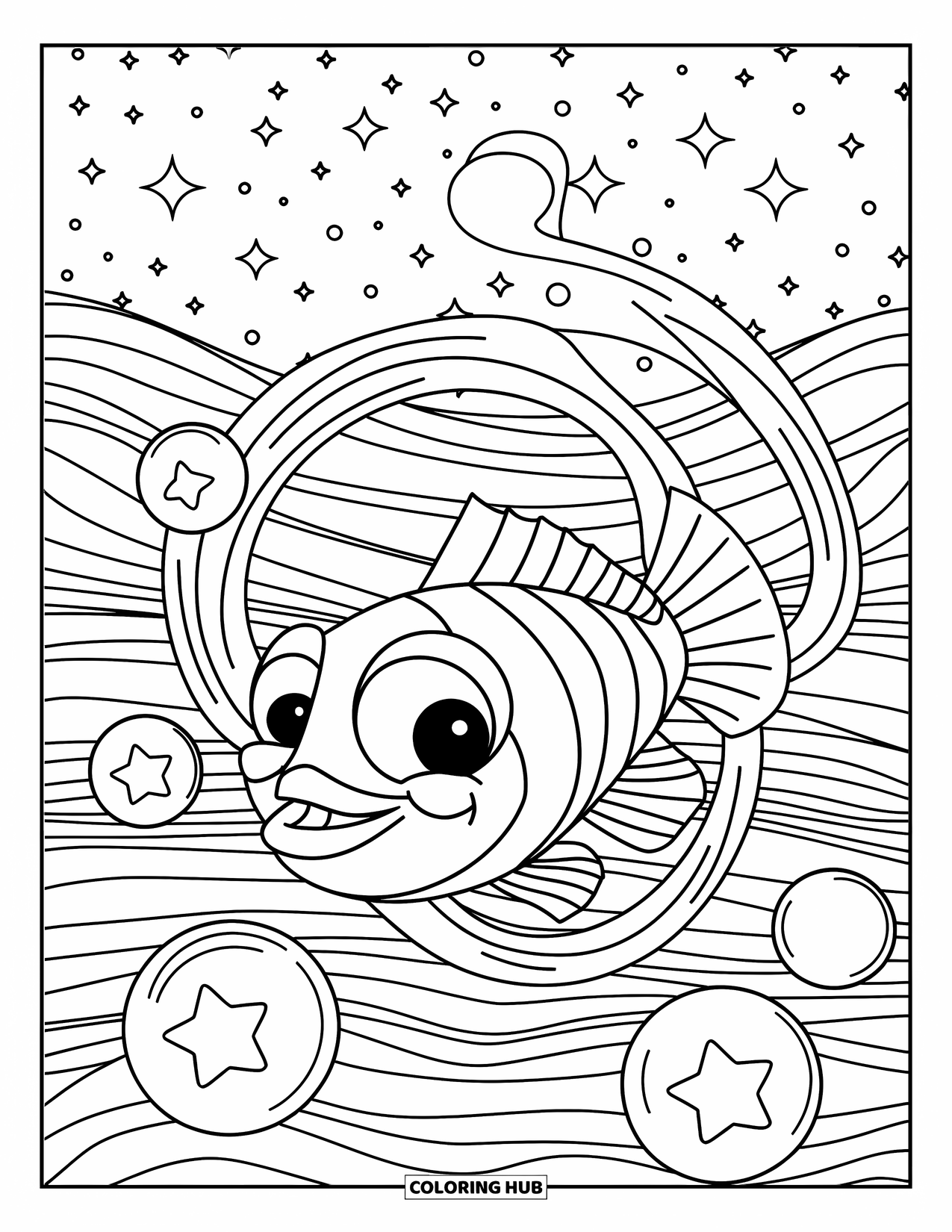 Trippy Coloring Page for Kids: A smiling fish swims through looped bubbles under swirling stars