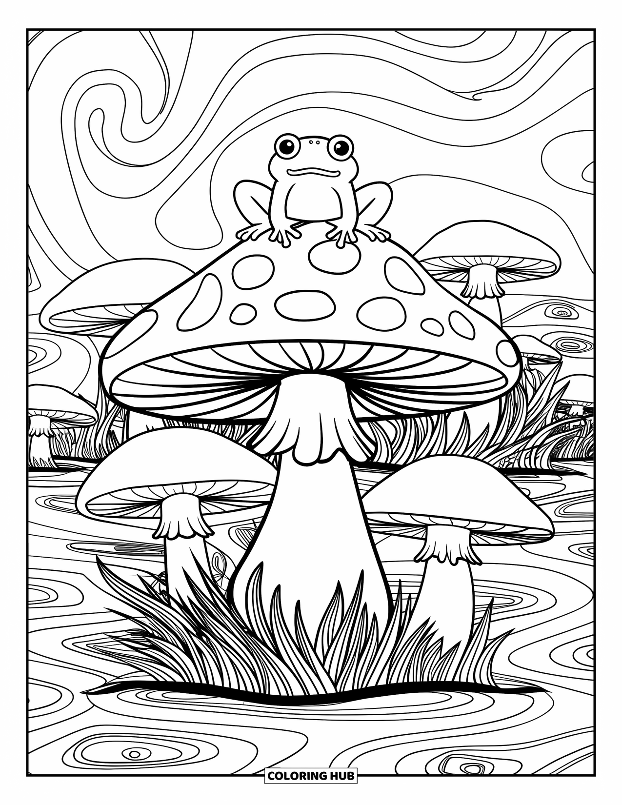 Trippy Coloring Page for Kids: A smiling mushroom with a frog on top sits in a patch of twirling grass