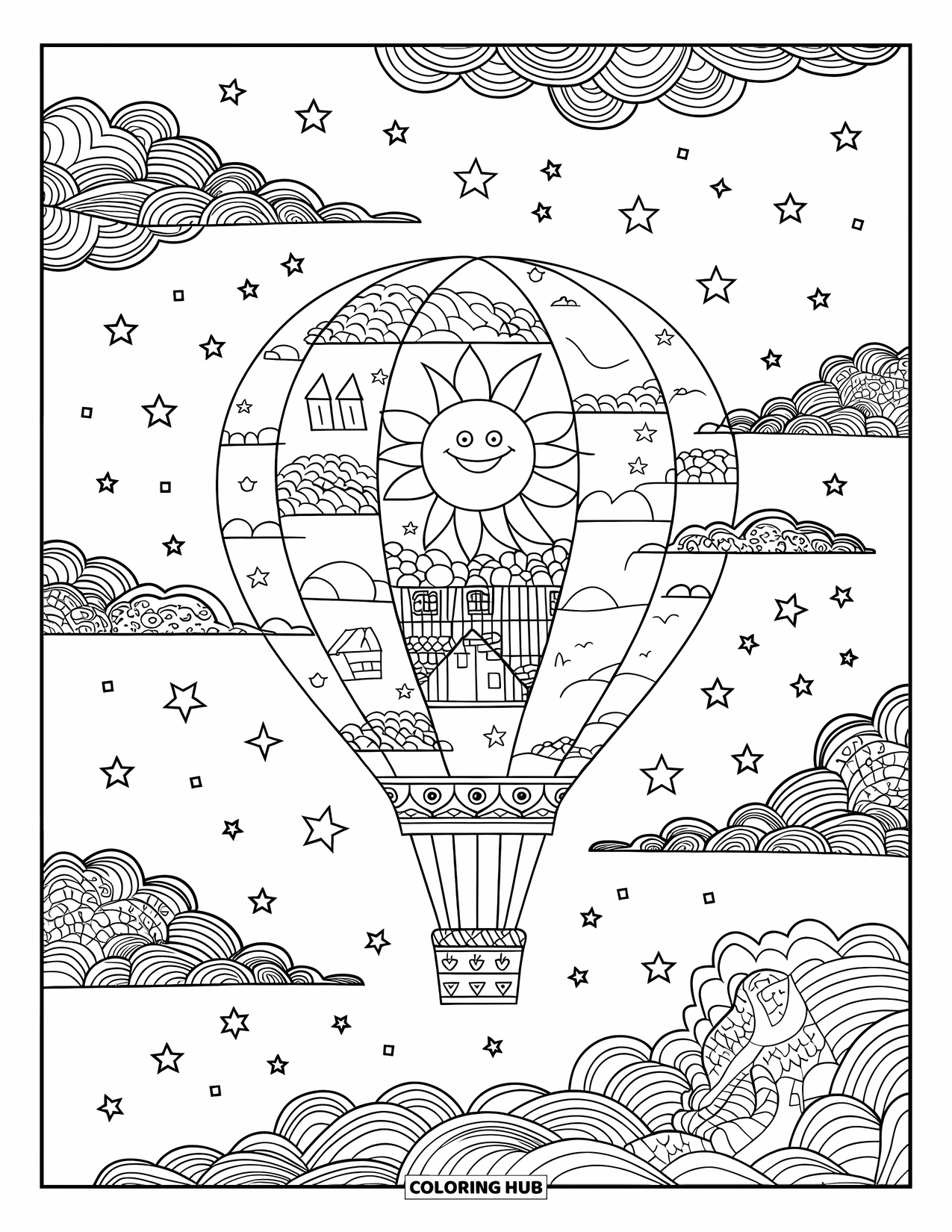 Trippy Coloring Page for Kids: A smiling sun balloon floats above clouds shaped like animals and houses