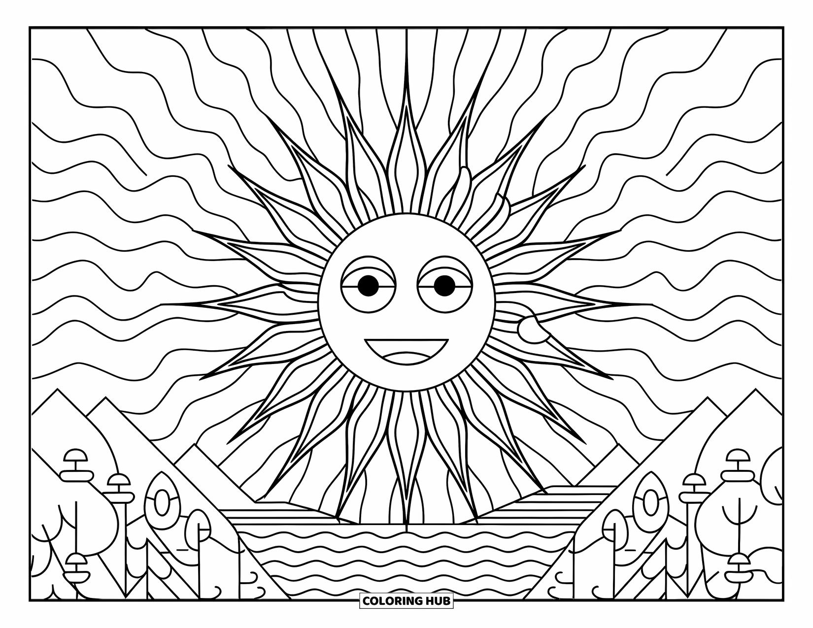 Trippy Coloring Page for Kids: A smiling sun shines with wavy rays over a peaceful scene