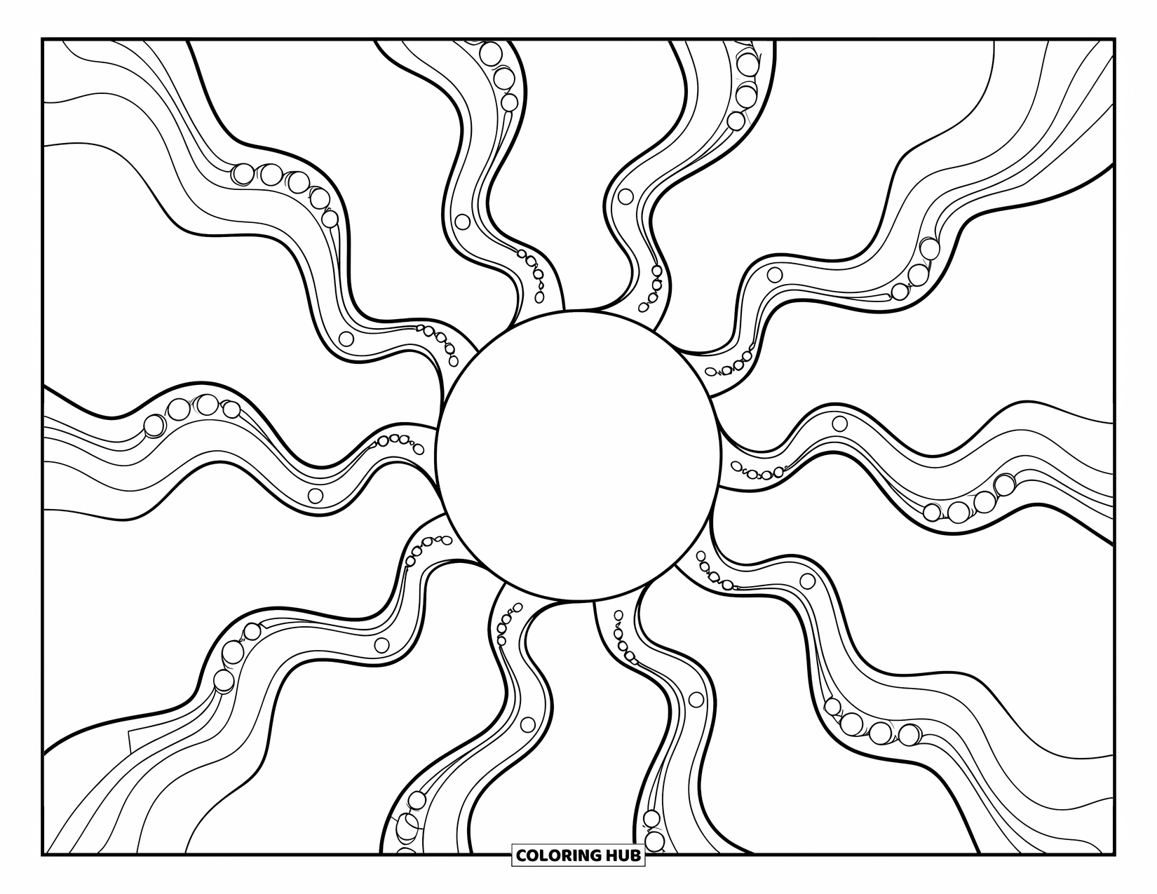Trippy Coloring Page for Kids: A spiral-rayed sun beams cheerfully with swirly arms all around