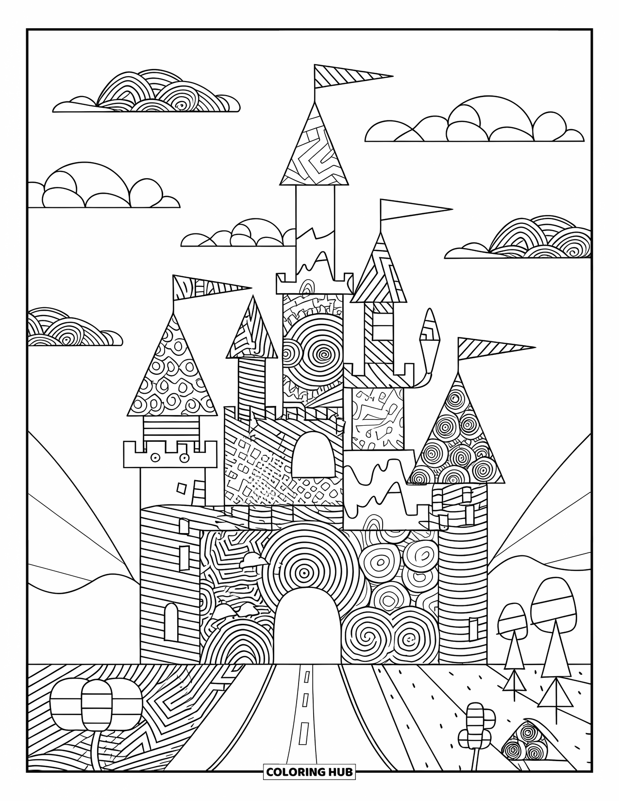 Trippy Coloring Page for Kids: A surreal castle of twisting towers stands under a puffy sky