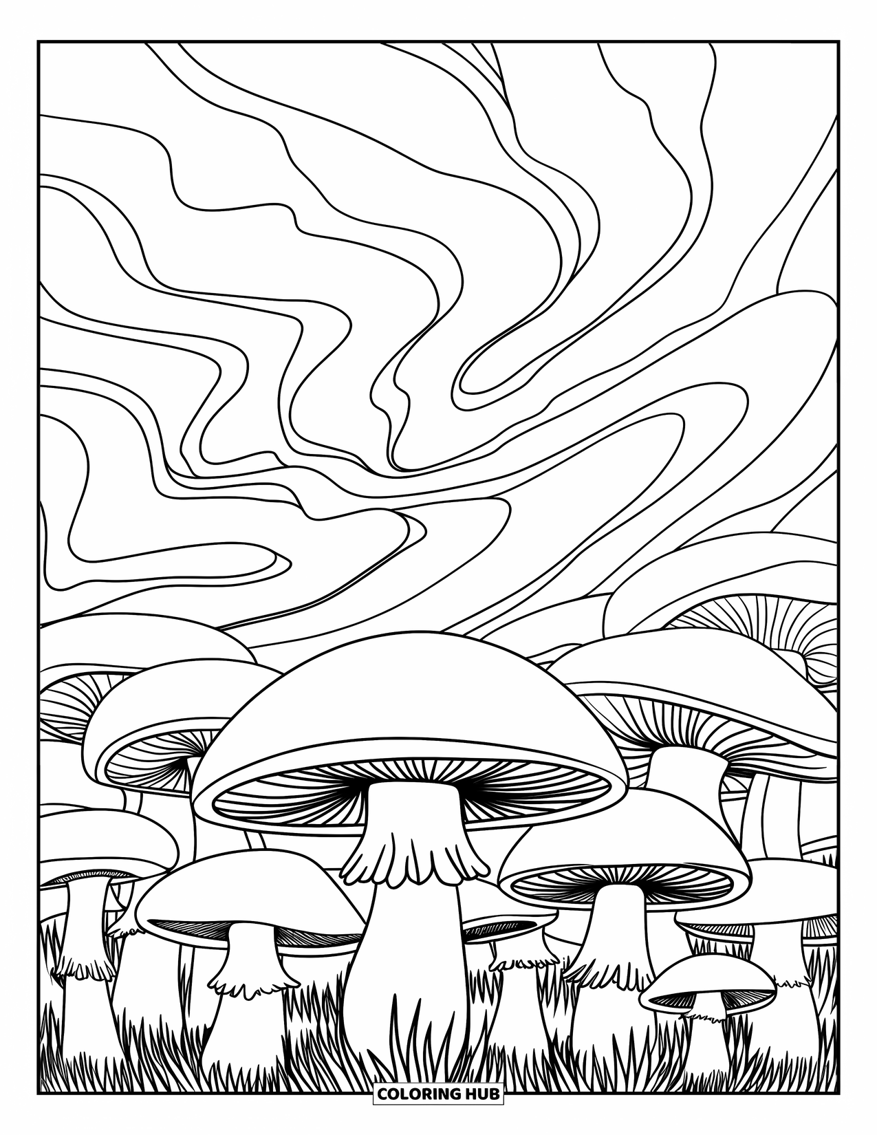 Trippy Coloring Page for Kids: A swirl-filled sky stretches above a dreamy forest of giant mushrooms
