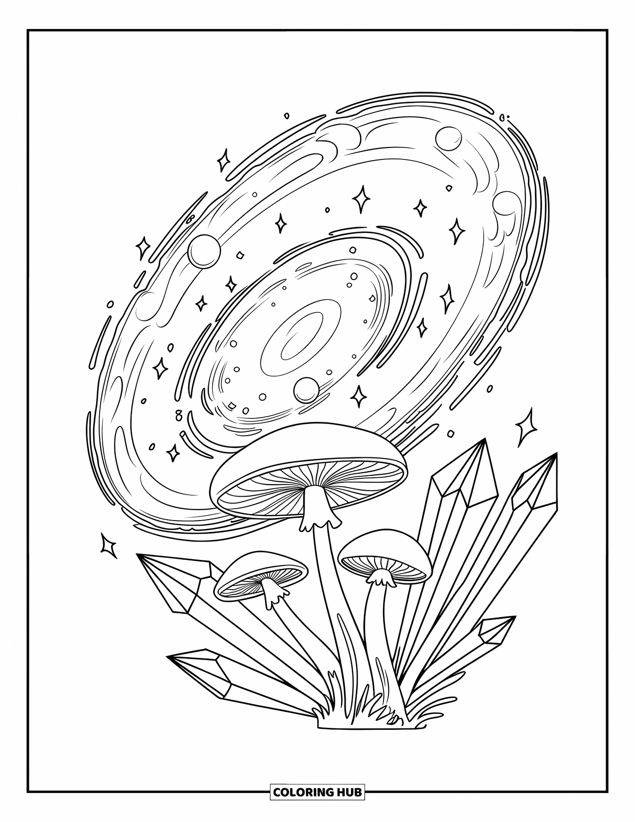 Trippy Coloring Page for Kids: A swirling galaxy of mushrooms and crystals spins in space