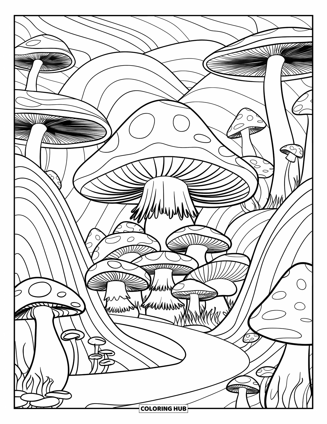 Trippy Coloring Page for Kids: A swirling path winds through a village of curvy mushroom roofs
