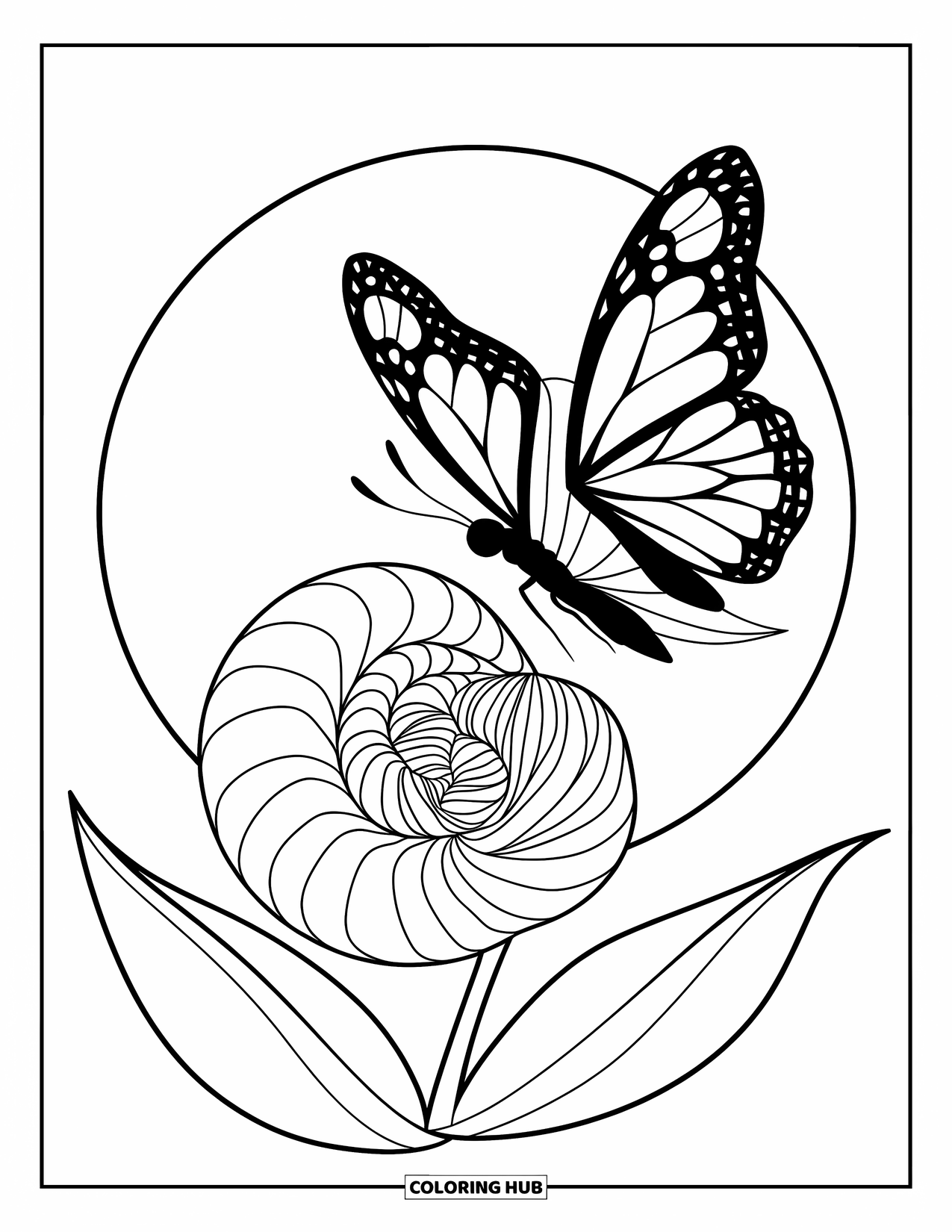 Trippy Coloring Page for Kids: A swirly flower opens wide as a unique butterfly with petal-shaped wings hovers above