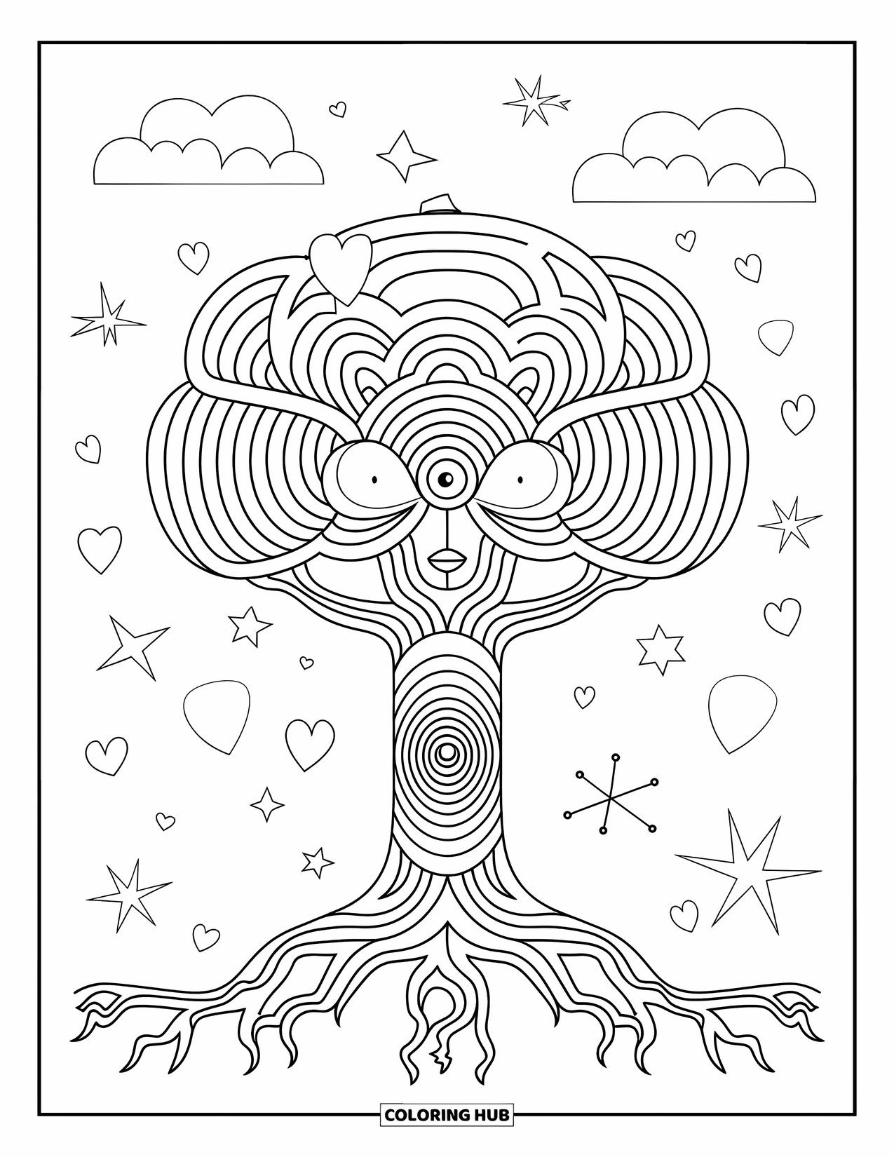 Trippy Coloring Page for Kids: A tree with a face, wearing a hat, floats with stars and hearts