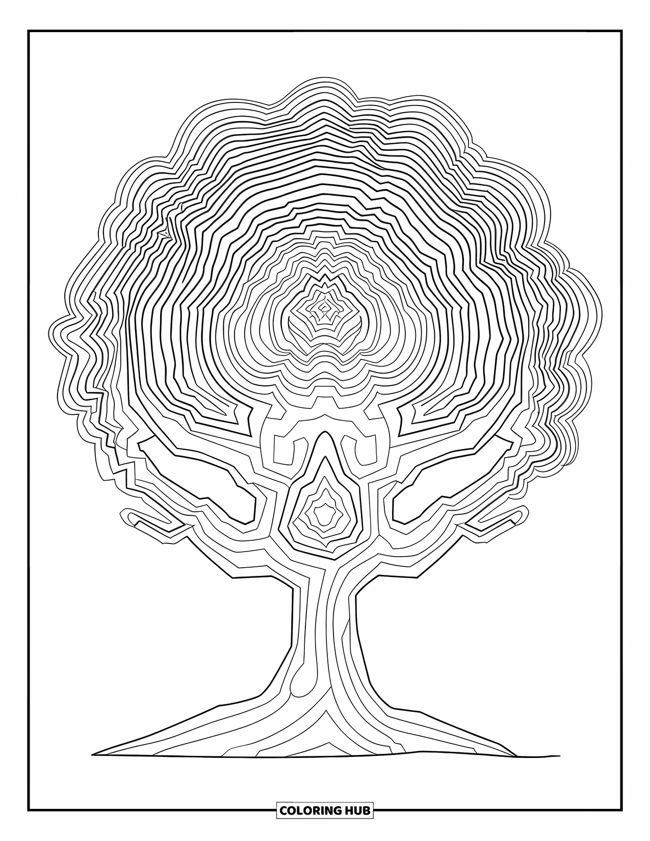 Trippy Coloring Page for Kids: A tree with swirling rings in its branches and trunk stands alone