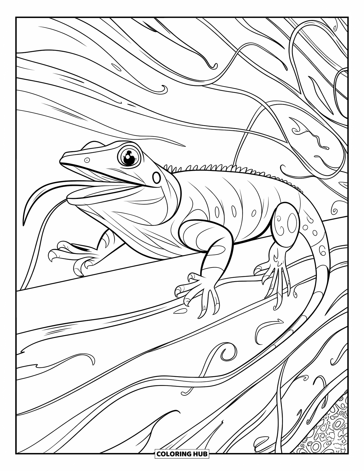 Trippy Coloring Page for Kids: A wide-mouthed lizard crawls through vines that swirl around it