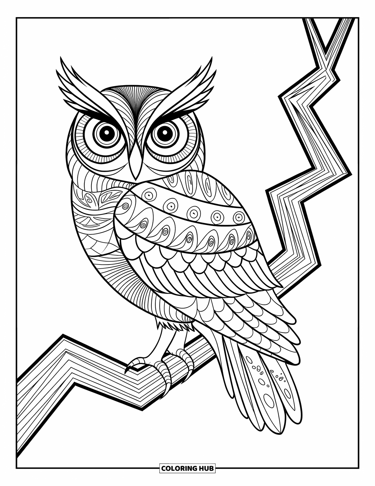 Trippy Coloring Page for Kids: An owl with patterned feathers sits on a zigzag branch