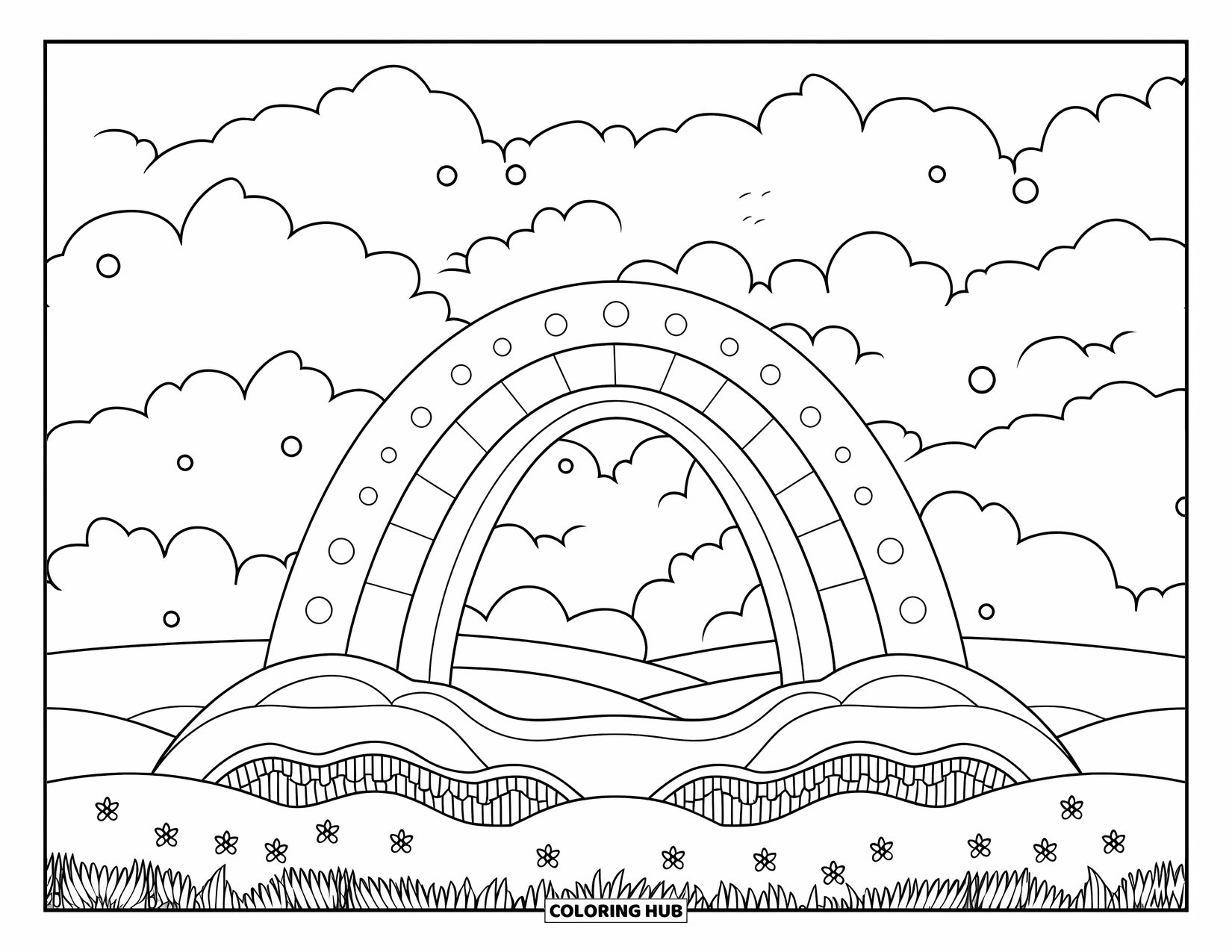 Trippy Coloring Page for Kids: Chunky waves and dots form a rainbow bridge over a flowery field