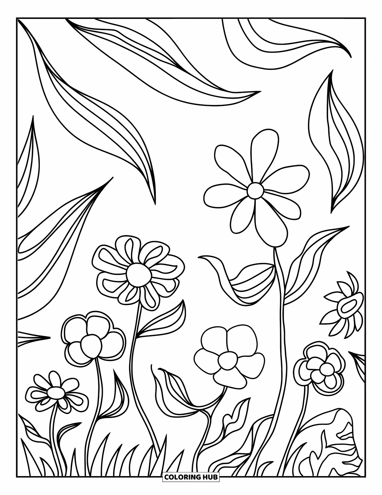 Trippy Coloring Page for Kids: Curvy leaves and different flower shapes bloom in a dreamy garden