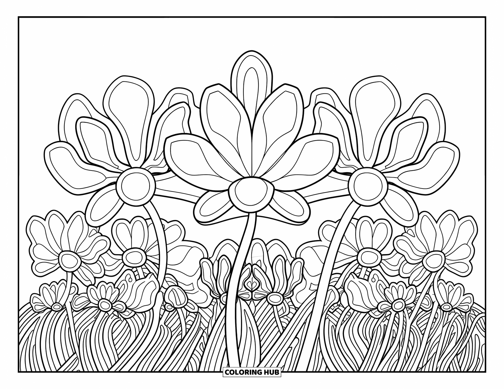 Trippy Coloring Page for Kids: Flowers bloom in loops across a trippy, patterned field