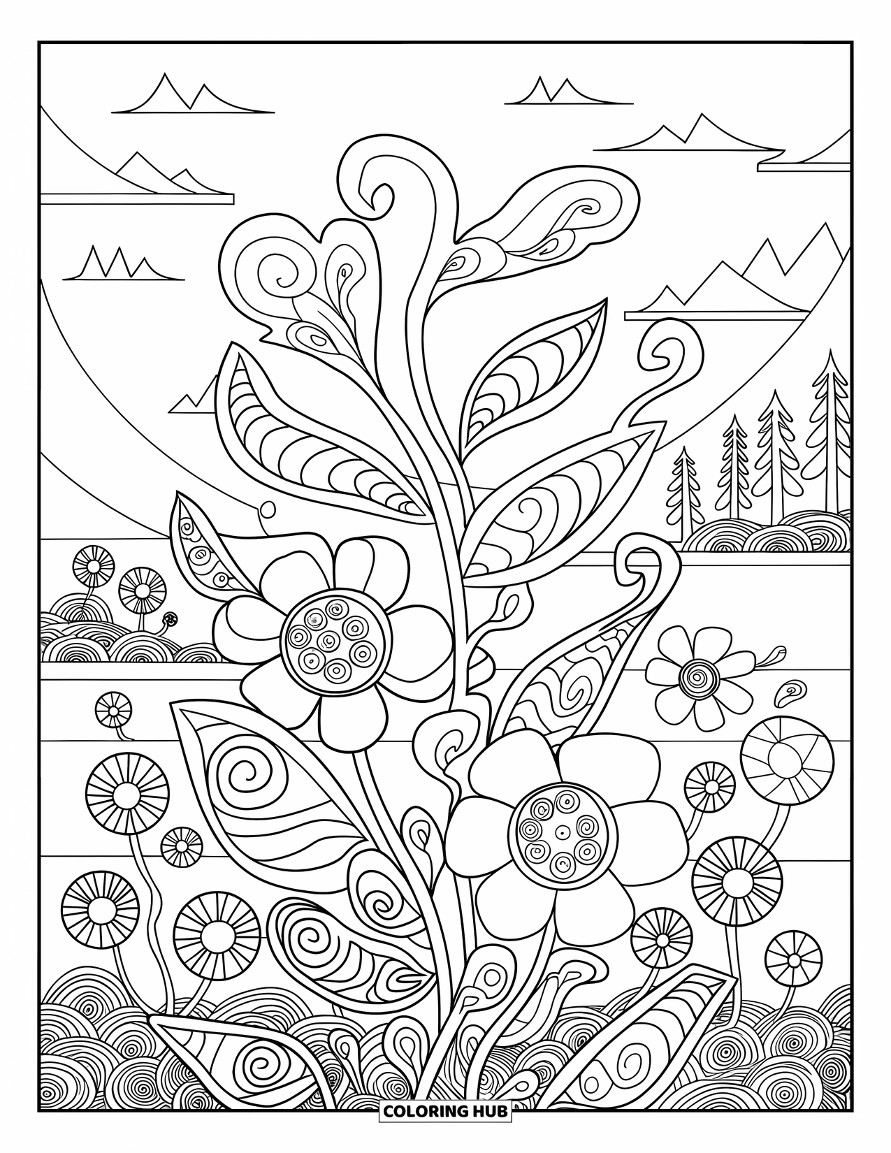 Trippy Coloring Page for Kids: Flowers with spiral petals bloom in a garden by mountains and water