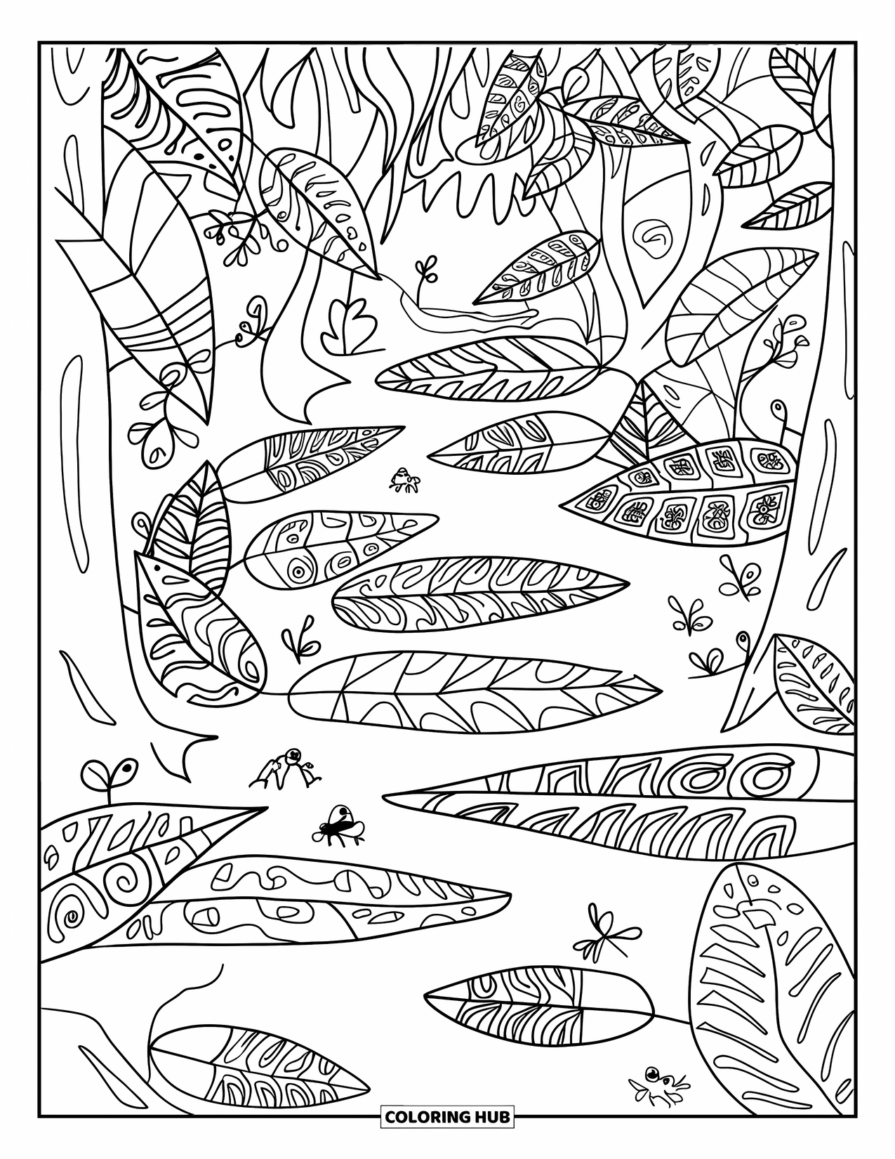 Trippy Coloring Page for Kids: Funky jungle leaves and vines fill a path with frogs and butterflies