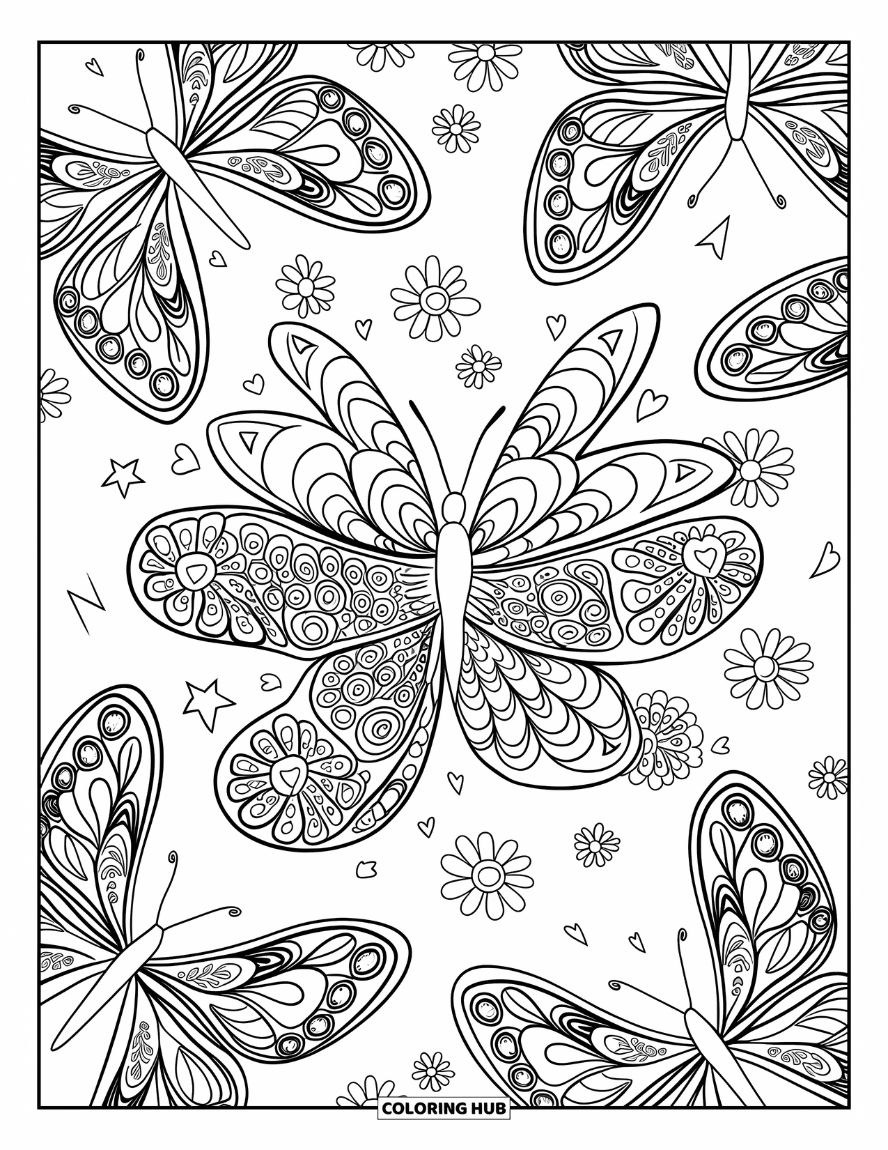 Trippy Coloring Page for Kids: Intricate butterfly wings spiral outward with hearts and stars inside