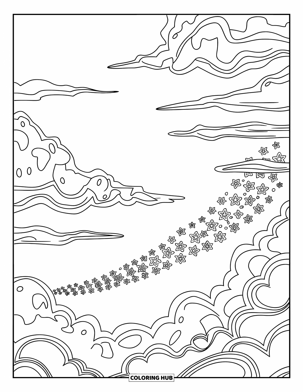Trippy Coloring Page for Kids: Layered clouds and packed stars create a dreamy scene full of motion