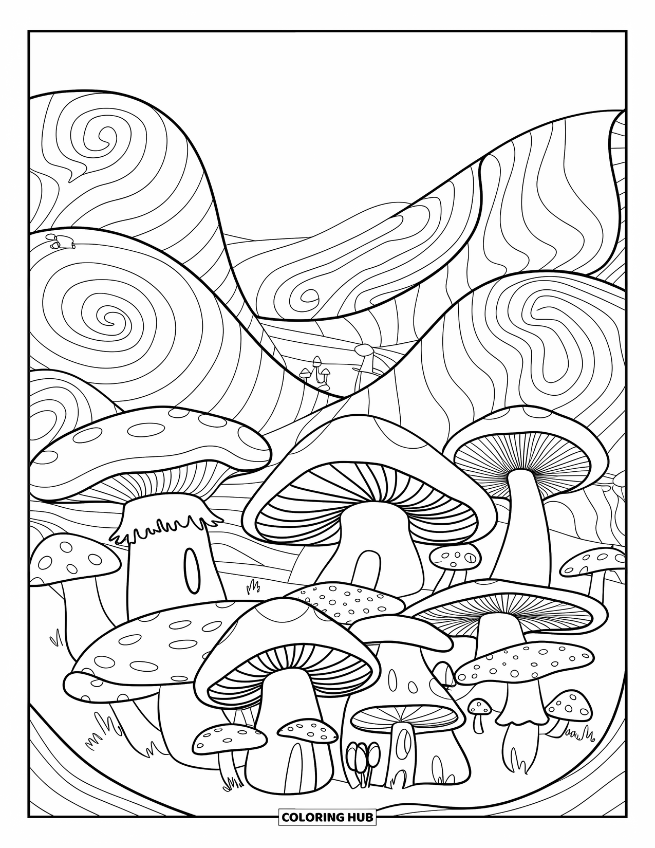 Trippy Coloring Page for Kids: Mushroom-roofed homes rest between swirling hills and tiny fungi