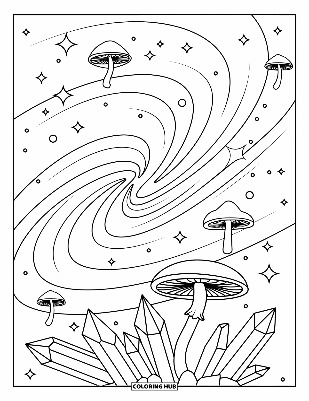Trippy Coloring Page for Kids: Mushrooms float inside a swirling galaxy of crystals and stars