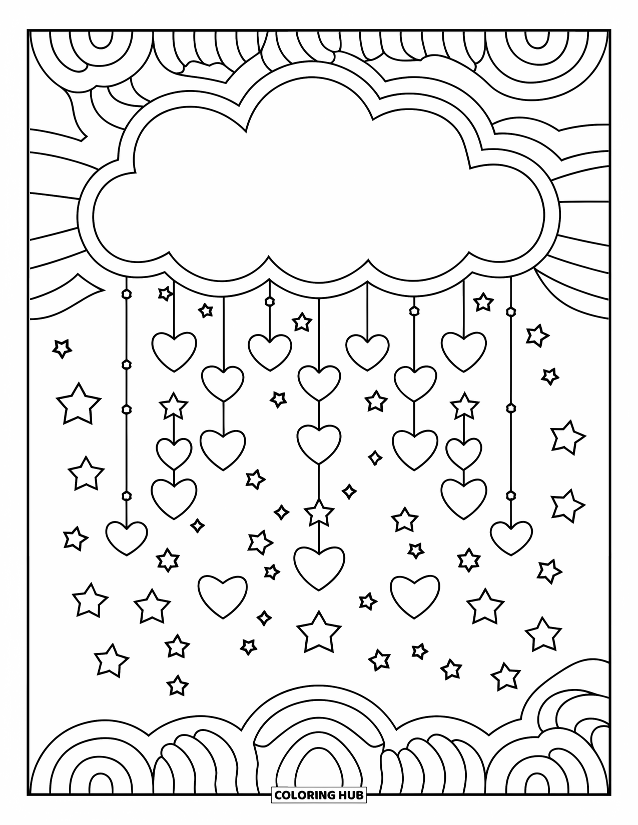 Trippy Coloring Page for Kids: Smiling hearts and stars fall from a big cloud in a happy sky